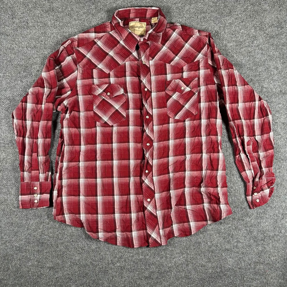 Wrangler Western Shirt Mens Size XL Red Plaid Pearl Snap Long Sleeve Classic Fit
